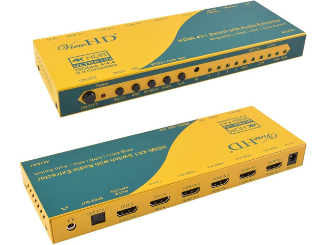 ViewHD HDMI 4X1 Switch with Audio Extractor HDMI + Optical + Headphone Audio outputs 4K@60Hz HDR ARC Auto Switch Model: AU4X1