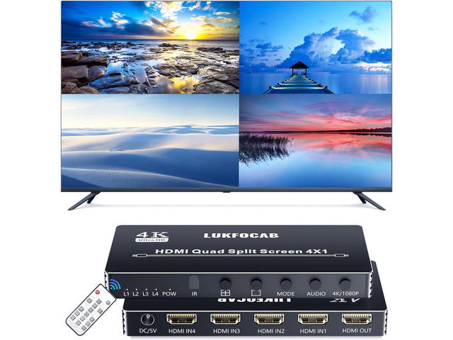 HDMI Multi-Viewer 4X1, Seamless Switcher 4 in 1 Out, Quad Multi Viewer Switcher with IR Remote, Supports 4K 30Hz, 5 Display Modes for Security...