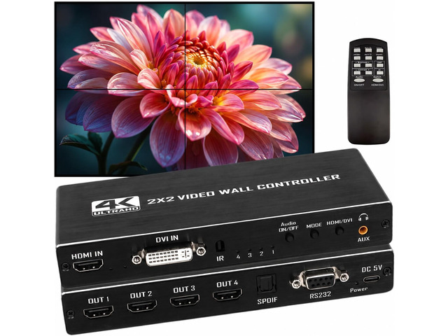 2X2 4K HDMI Video Wall Controller Processor, 8 Splicing Modes (1X2, 1X3, 1X4, 3X1, 4X1), RS232 Serial Control, 180° Rotation, 4 HDMI Outputs, for...