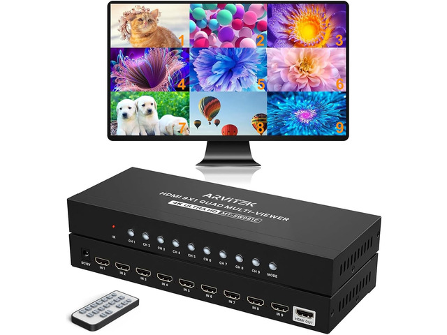 HDMI Multi-Viewer 9x1, 4K@30Hz Quad Seamless HDMI Multiviewer Switcher 9 in 1 Out w/Remote for Security Camera, PC, Laptop, Fire Stick, Roku, Game...