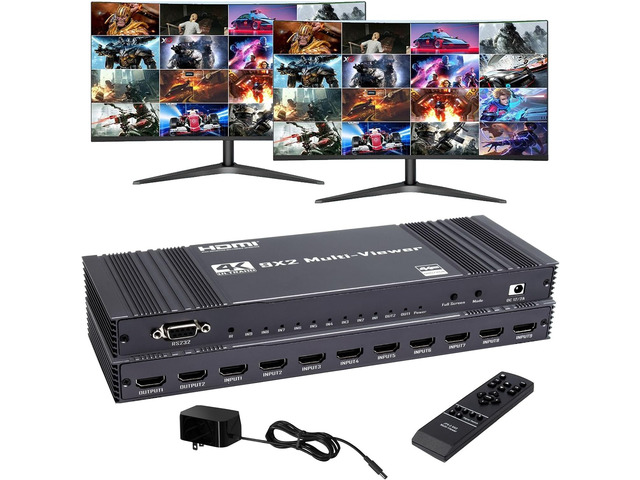 4K HDMI Multiviewer 9X2 with PIP SIGRAPID Screen Divider 9HDMI in 2HDMI Out Seamless Switch 2/4/6/8/9 Way Display Support IR RS232 4K@30Hz(RGB)...