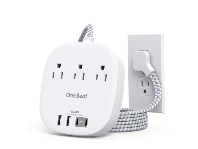 Cruise Ship Travel Essentials, 3Ft Short Extention Cord, 22.5W/4.5A, White 3 Outlets 4 USB Ports (2 USB C) Cruise Approved Power Strip Flat Plug No...