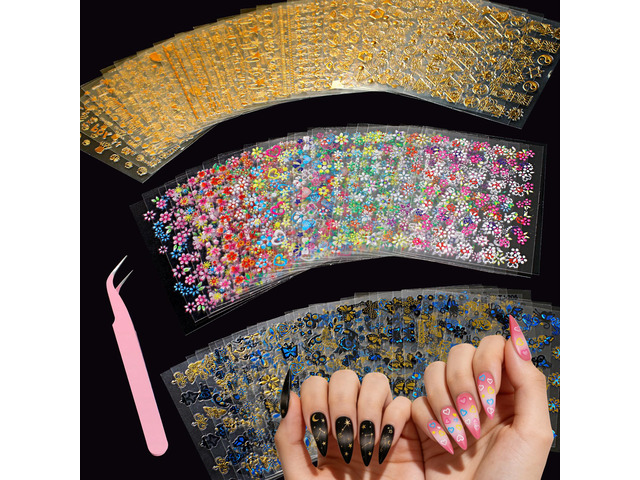 90 Sheets Nail Stickers for Nail Art DIY, 3D Nail Art Stickers Decals, Self Adhesive Floral Design Decals for Women and Girls