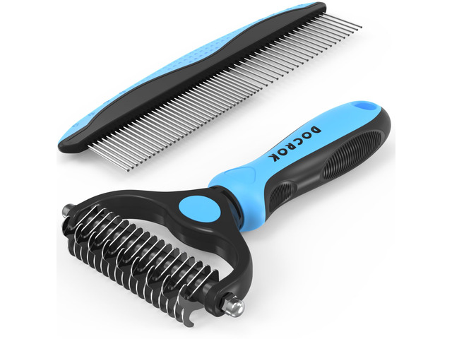 Pet Grooming Combo - Blue Deshedding Brush with Metal Comb for Detangling and Dematting Long, Matted Fur on Cats and Dogs