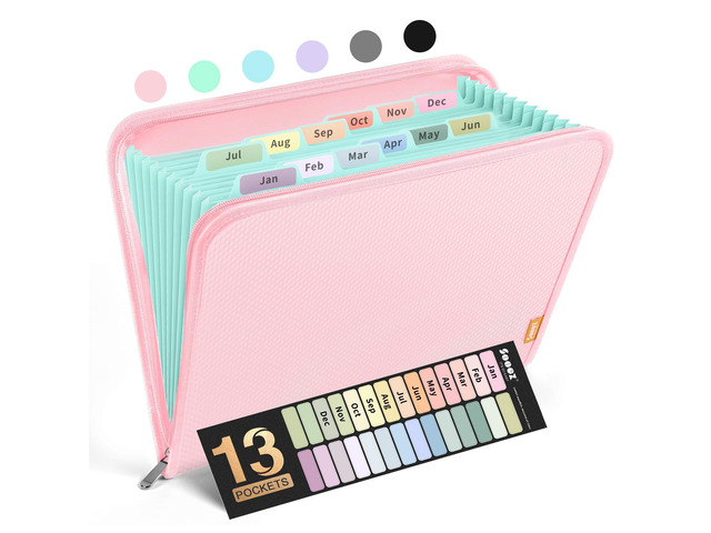 13 Pocket Accordion File Organizer, Zipper Expanding File Folder A4 Reinforced Plastic Accordion Folder Organizer, A4 Letter Size, Portable Folders...