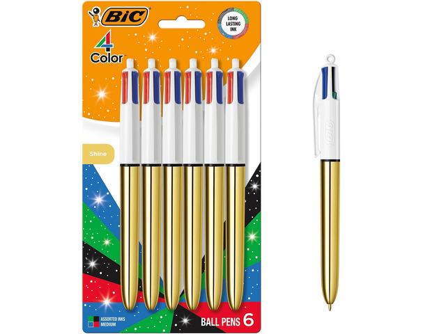 4 Color Shine Retractable Ballpoint Pen, 1.0 mm Medium Point, 6-Count Metallic Gold Barrels Assorted Ink Colors: Black, Blue, Green, Red Ideal...