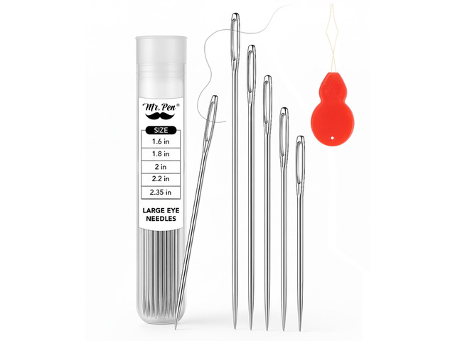 Large Eye Sewing Needles, 50 pcs, 5 Assorted Sizes Large Gauge Needles with Threader for Hand Sewing, Leather Embroidery, Denim & Canvas