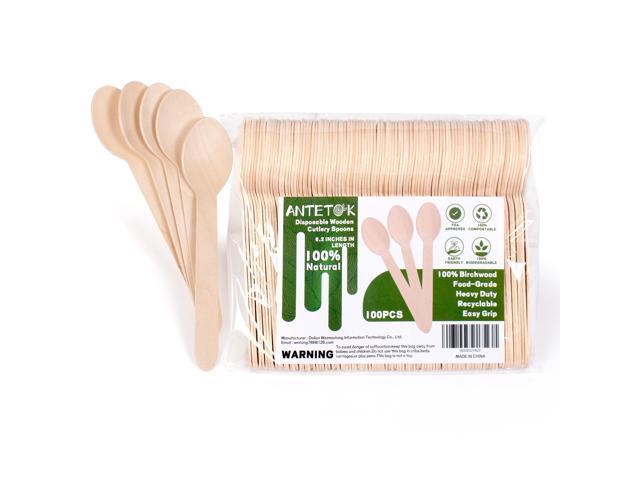 ANTETOK Disposable Wooden Cutlery Spoons - 100 Pack Wooden Spoons Disposable,Biodegradable and Earth Friendly, 6.3 Inch Length