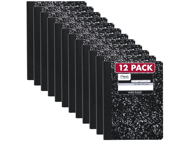 Composition Notebook, Wide Ruled Paper, 7.5' x 9.75', 100 Sheets, Black Marble, 12 Pack (72936)