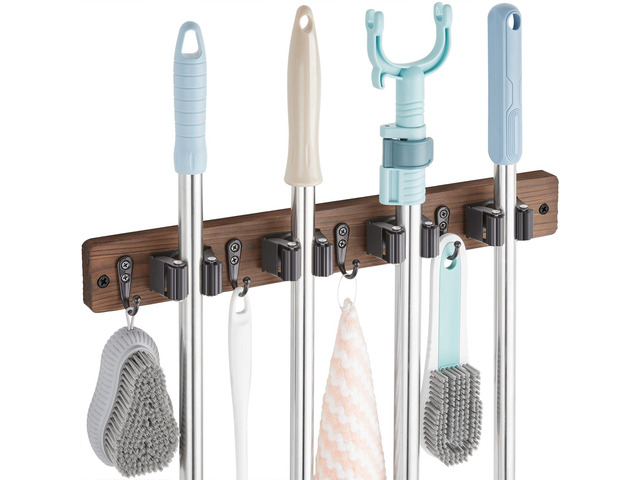 Mop and Broom Holder Wall Mount - Wood Broom Mop Hanger - Wall Mounted Garden Tool Rack Organizer for Closet Garage Laundry Room, Rustic Kitchen...
