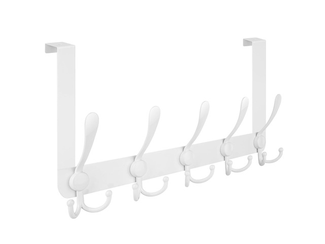Over The Door Hooks, 5 Heavy Duty Tri Coat Rack All Metal Coat Hanger for Bathroom Bedroom Dorm (White, 1PK, Fit 1-3/4' Doors)