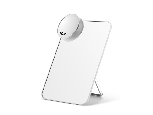8 x 5 in Desk Makeup Mirror with 10X Magnifying Mirror, White Adjustable Bracket and Hanging Hole for Shaving and Travel, Small 10X Magnifier...