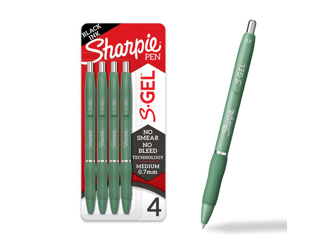 S-Gel Gel Pens, Green Barrel, Black Ink, Medium Point (0.7mm), 4 Count - For Home, Office, College, Journaling, Drawing, Note-Taking, Writing
