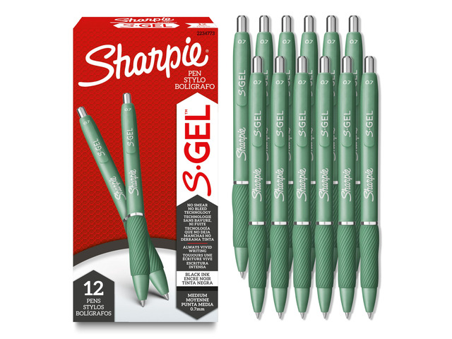 S-Gel, Gel Pens, Medium Point (0.7mm), Forest Green Barrel, Black Ink, 12 Count
