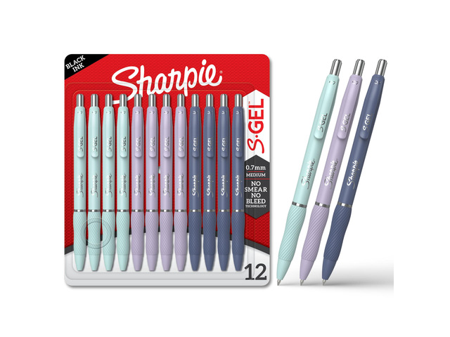 S-Gel Gel Pens, Medium Point (0.7mm), Assorted Fashion Barrels, Black Ink, 12 Count - Office, Teacher, School Supplies