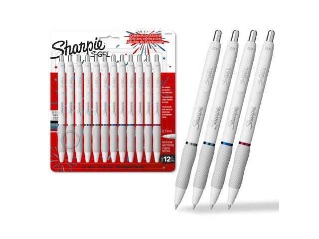 S-Gel Pens, Pearl White Body, Fashion Barrel, Medium Point (0.7mm), Colorful Ink, 12 Count, USA 250th Anniversary Edition