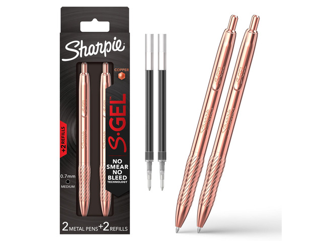 S-Gel Pens, Copper Metal Body, Medium Point (0.7mm), Black Gel Ink, Includes 2 Pens and 2 Additional Ink Refills