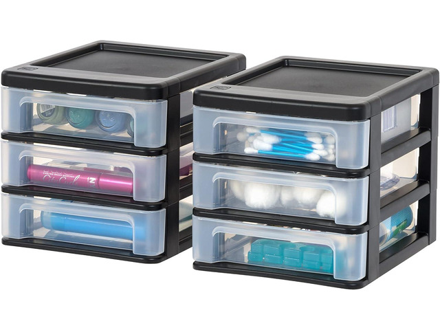 2-Pack, 3-Drawer Small Plastic Stacking Desktop Organizer, Black Keep dorm desks tidy with drawers for school supplies, makeup, chargers, snacks...