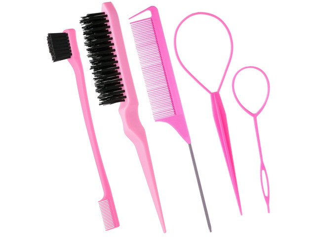 5Pcs Slick Back Brush Set with Topsy Tail Tool, Teasing Bristle, Rat Comb for Women & Girls Hair Styling, Flyaways Control and Edge Combing - Pink