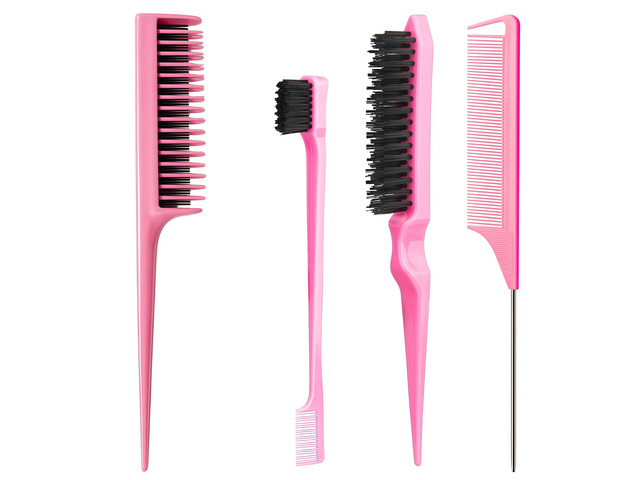 Hair Brush Set, Pink, 4 Piece, Three-Row Teasing Comb, Edge Brush, Rat Tail Comb for Women and Girls
