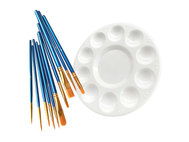 Paint Brushes Palette Set, 10pcs Nylon Hair Brushes and 1pcs Plastic Paint Palette, Combination Suitable for Oil, Acrylic and Watercolor