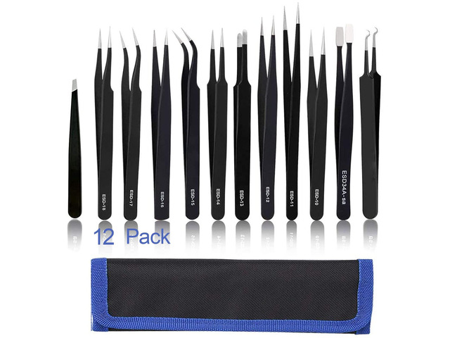 BOENFU Precision Tweezers Set 12 PCS Electronic Tweezers ESD 11, 12, 13, 15, 17 Pointed Tip Tweezers Kit for Electronics,Soldering, Craft, Jewelry,...