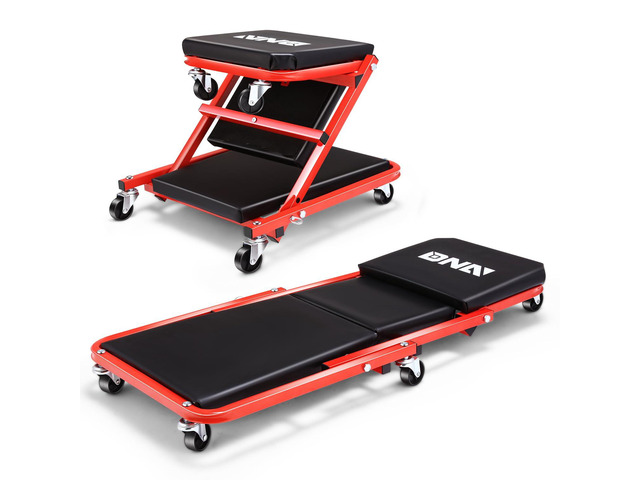 DNA MOTORING TOOLS-00184 36 Inches 2 IN 1 Rolling Folding Car Creeper/Seat, 6 Pcs 2' Casters, 150kg Weight Capacity, Red