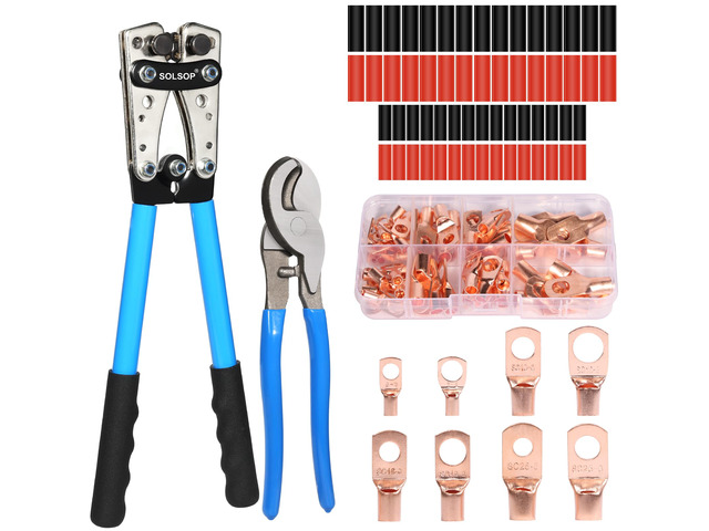 Battery Cable Crimper Tool for AWG 10, 8, 6, 4, 2, 1/0 Gauge Electrical Lug, Battery Lug Crimping Tool with 62PCS Copper Wire Lugs and Heat Shrink...