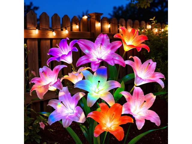 Solar Flower Lights, 8 Pack Solar Garden Lights with 48 Lily Flowers 7-Color Changing, Up to 15H Runtime, 6-Head Bigger Lily, IP65 Waterproof,...