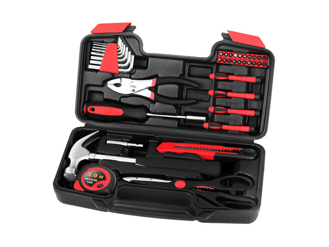 39 Piece Home Tool Kit, Red Hand Tool Set With Storage Case All Purpose Hand Tool Kit, General Small Tool Kit, for Home Garage, Office, College...