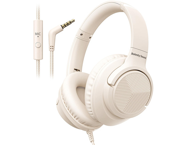 Wired Headphones with Microphone for School, 3.5mm Corded Headphones, Beige Wired Over Ear Foldable Plug in Headphones, 4.9ft Tangle-Free Nylon...