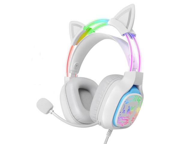 Gaming Headset with Microphone, RGB Lights, Detachable Cat Ear, Lightweight Over-Ear Headphones with Adjustable Headband for PC, PS4, PS5, Mac,...