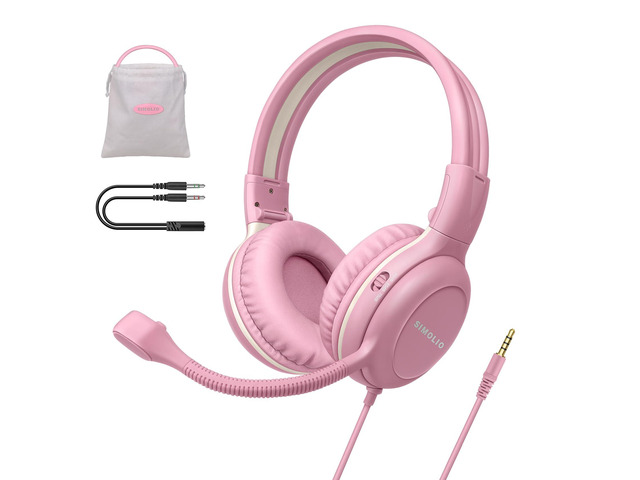 Kids-Headphones with Microphone for School, 75/85/94 dB Wired Headphones with Boom Mic for iPad, PC, Laptop, Gaming, On Ear Pink Stereo Corded...