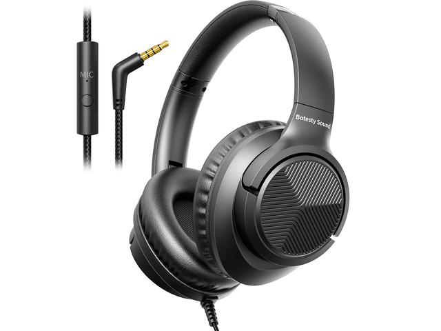 Headphones Wired with Microphone for School, 3.5mm Corded Headphones, Black Wired Over Ear Foldable Plug in Headphones, 4.9ft Tangle-Free Nylon...