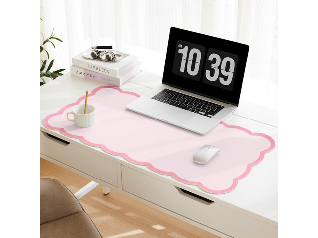 Scalloped Desk Mat, 31.5' x 15.7' Large Cute Aesthetic Desk Accessories, PU Leather Computer Laptop Desk Mouse Keyboard Pad, Desk Writing Mat for...