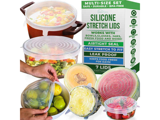 Reusable Silicone Stretch Lids for Food Storage in Fridge - Elastic Heat-Resistant Bowl Covers, Cups, Cans, Jars - Universal Food Grade Lid for...