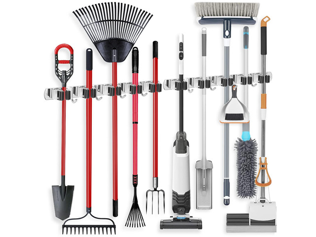 2 Pack Broom Holder Wall Mount Stainless Steel Mop Organizer 5 Racks 4 Hooks Heavy Duty Garage Organization Storage,Broom and Mop Organizer Wall...