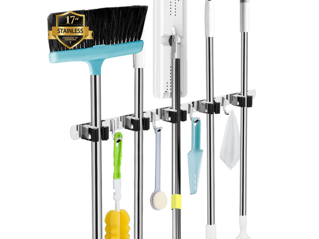 Broom Holder Wall Mount, 5 Racks 4 Hooks Heavy Duty Mop Organizer Mop Holder Wall Mount and Broom Hanger for Garage, Laundry Room, Kitchen and...