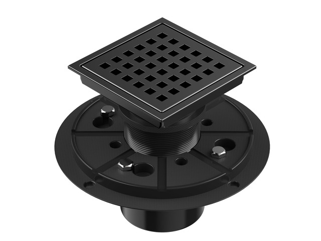 Square Shower Drain 4-3/8 Inch Matte Black with ABS Flange Stainless Steel, Anti-Clog, Removable Grid Grate and Hair Catcher, for Modern Bathroom...