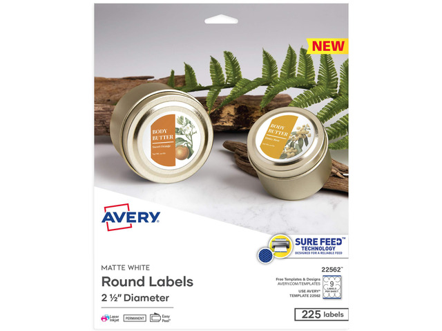 Printable Blank Round Labels, 2.5' Diameter, Matte White, 225 Customizable Labels (22562)