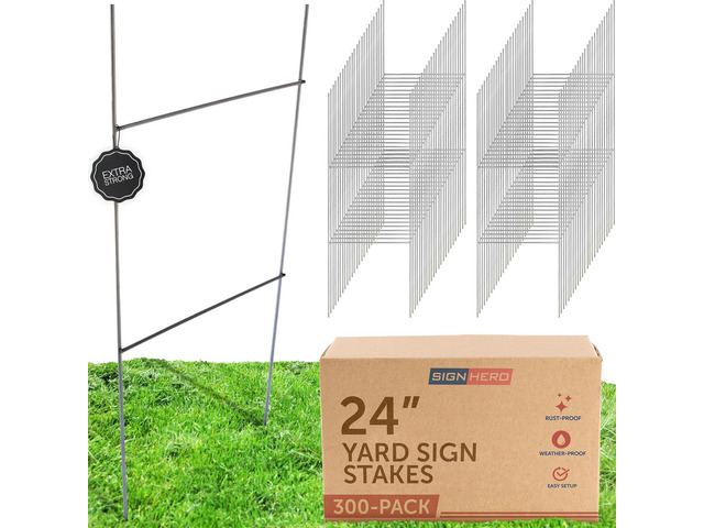 Yard Sign Stakes 300 Pack Durable 24' Metal H-Stakes for Corrugated Plastic Signs, 9-Gauge Galvanized Wire, Weatherproof & Rust-Resistant