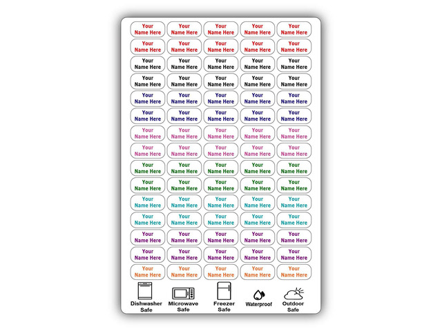 75 Personalized Waterproof Name Labels. Press and Stick Multi use Custom Name Labels. Customized 2 Lines of Text and Color. ID Identification Name...