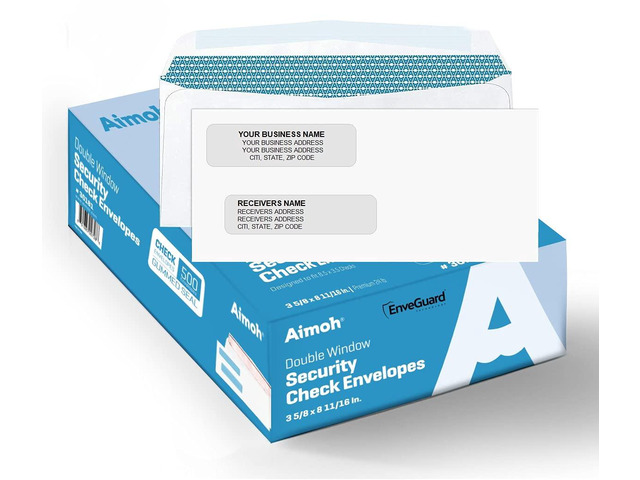 #8 Double Window Check Envelopes, Gummed Security Envelopes, 500 Ct Security tint, Fits Business Checks, QuickBooks & Quicken, Gummed seal, 3 5/8 x...