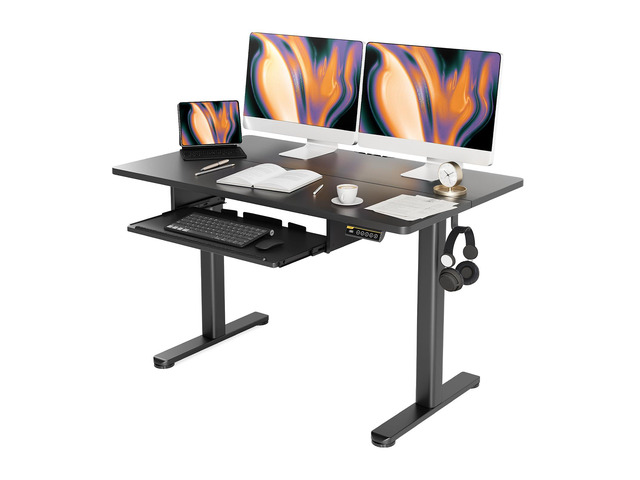 Adjustable Standing Desk with Keyboard Tray 48 x 24 Inches Black Waterproof splice tabletop, 23.6 x 11.8 inch slide-out tray, 28.3 to 46.5 inch...