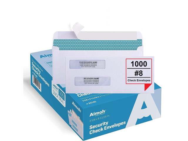 #8 Check Envelopes, Double Window Self-Seal Security Envelopes 1000ct Double Window, Security Tint, Self-Seal Closure, 3-5/8 x 8-11/16 in, Business...