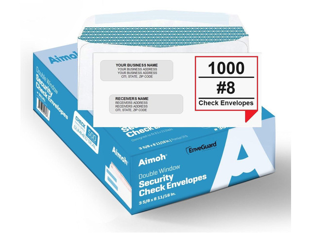 #8 Double Window Check Envelopes, Gummed Security Envelopes, 100 Ct Security tint, Fits Business Checks, QuickBooks & Quicken, Gummed seal, 3 5/8...