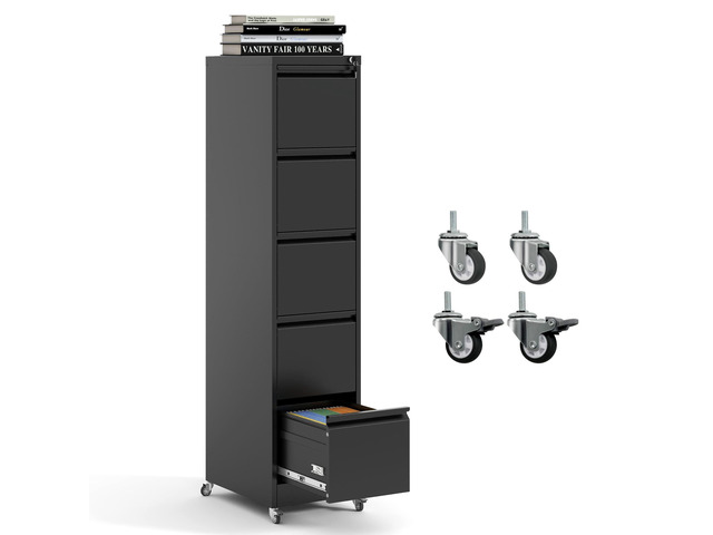 5 Drawer Mobile File Cabinet, Metal Filing Cabinet with Lock and Wheels, Home Office Rolling File Cabinets for Legal/Letter Hanging File Folders,...