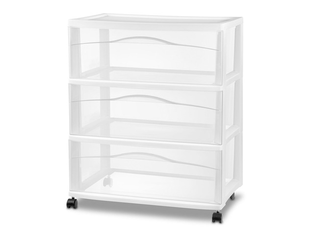 Wide 3 Drawer Storage Cart Plastic Rolling Organizer, White Frame Clear Multi-Purpose Drawer, Portable Organizing Container with Wheels for...