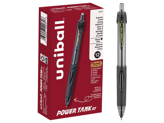 uniball Power Tank RT Ballpoint Pens, Medium Point (1.0mm), Black, 12 Pack Pressurized cartridge writes at odd angles, in cold or wet conditions,...