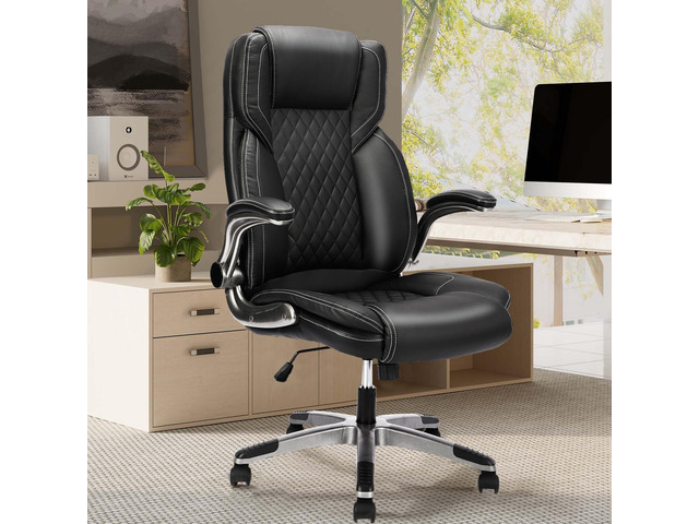Leather Executive Office Chair with Flip up Arms, Black High Back, Ergonomic, Rocking, Comfy, Vintage, Work Chairs, Home,Gaming,Cross Legged Sitting